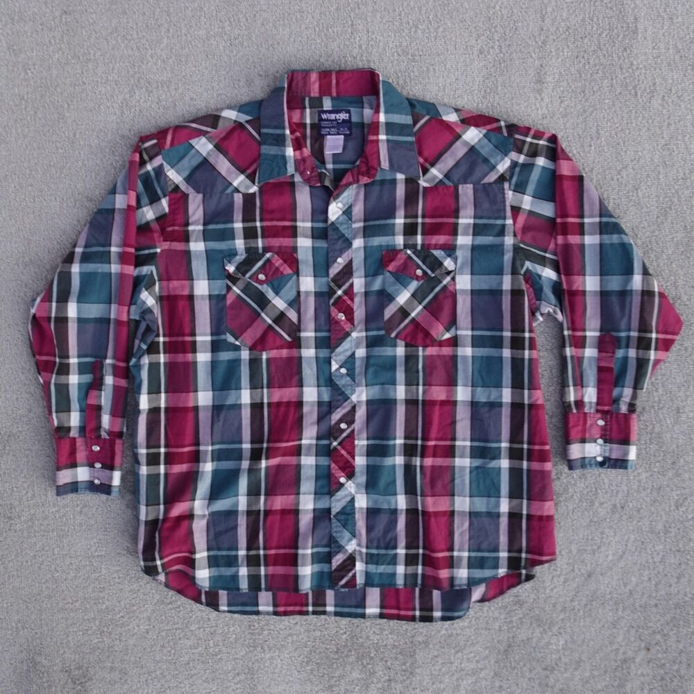 Vtg Wrangler Shirt Men 19-35 Red Green Plaid Pearl Snap Cowboy Cut X-Long Tails